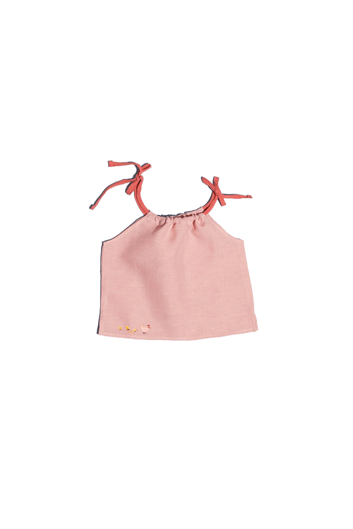 Regata Maia Linho Rosa Flamingo Bordado Galinhas