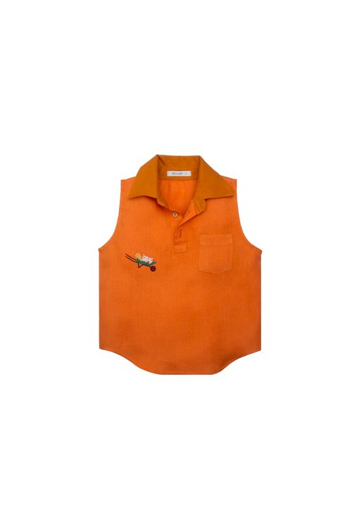 Camisa Tiê Linho Laranja Bordado Porquinhos