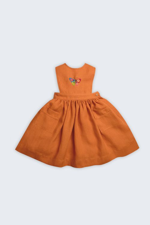 Vestido Catarina Linho Laranja Bordado Borboleta