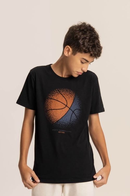 Camiseta Infantil Estampa em PUFF - Basquete - Preta