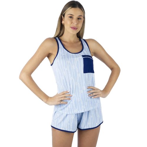 Short Doll Com Bolso Marinho Cordas Pijama Lingerie Conforto - Azul - G