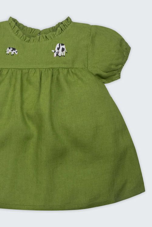 Vestido Dora Linho Verde Bordado Vaquinhas