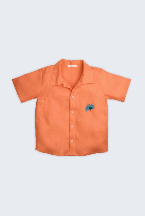 Camisa Gil Linho Laranja Bordado Pavão